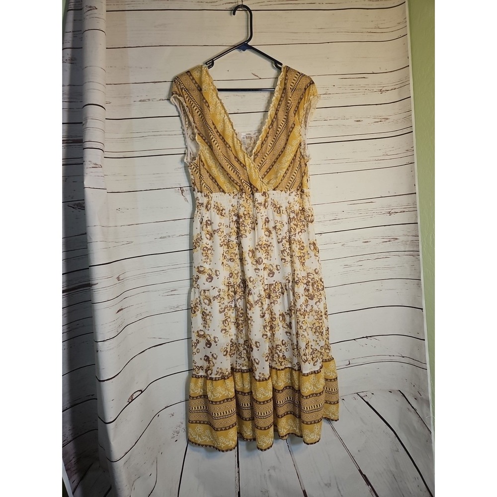 Lapis Womens Yellow Floral Print Tiered V Neck Sleeveless Smocked Waist, XL